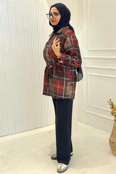 Kemerli Ekose Ceket Bordo OTW9289