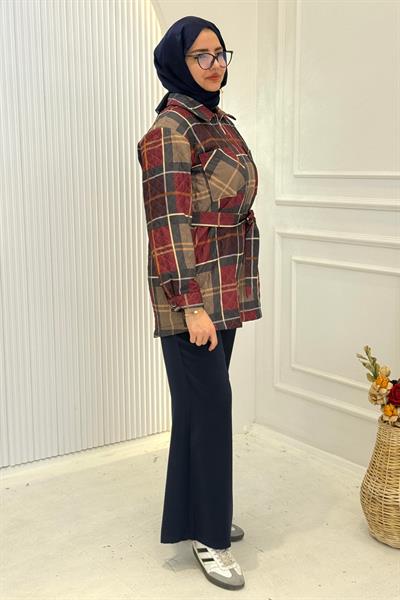 Kemerli Ekose Ceket Bordo OTW9289