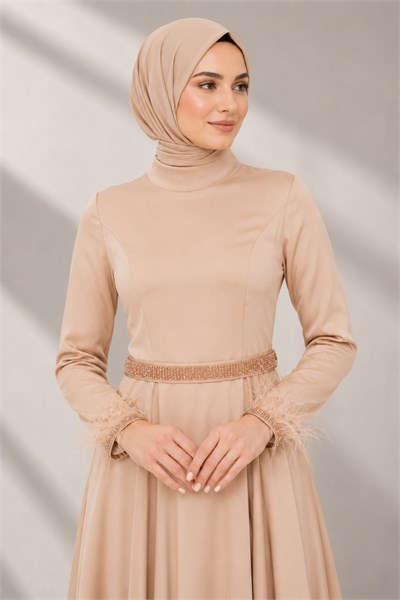 Kemerli Saten Abiye Elbise Gold OTW4609