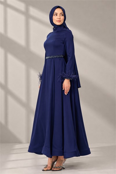 Kemerli Saten Abiye Elbise Lacivert OTW4609