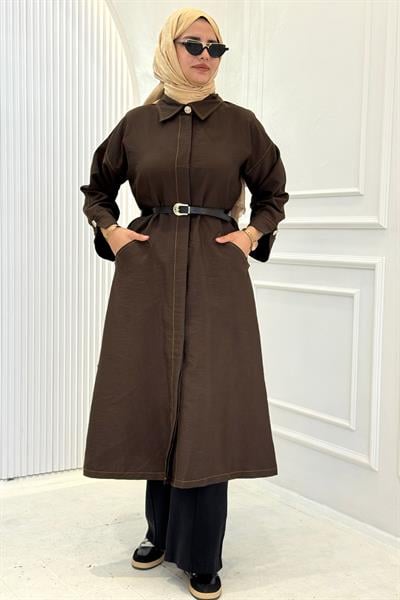 Kemerli Uzun Trençkot Kahve OTW4192