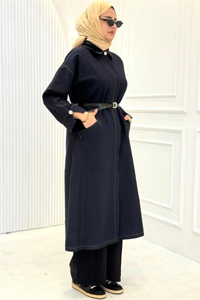 Kemerli Uzun Trençkot Lacivert OTW4192