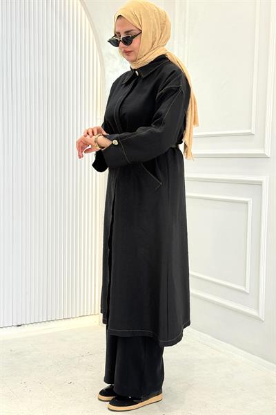 Kemerli Uzun Trençkot Siyah OTW4192