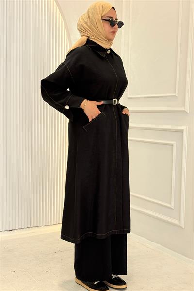 Kemerli Uzun Trençkot Siyah OTW4192