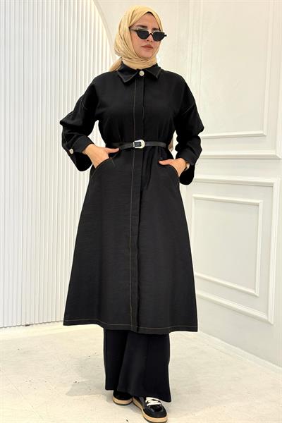 Kemerli Uzun Trençkot Siyah OTW4192