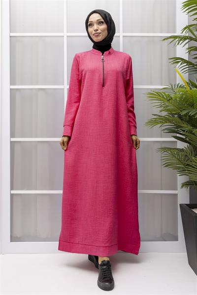 KETEN FERMUARLI GÜNLÜK ELBİSE Pembe OTW2086