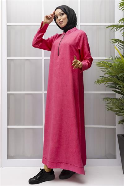 KETEN FERMUARLI GÜNLÜK ELBİSE Pembe OTW2086