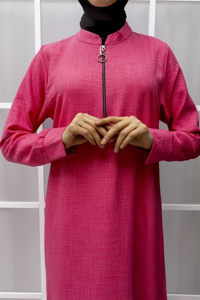 KETEN FERMUARLI GÜNLÜK ELBİSE Pembe OTW2086