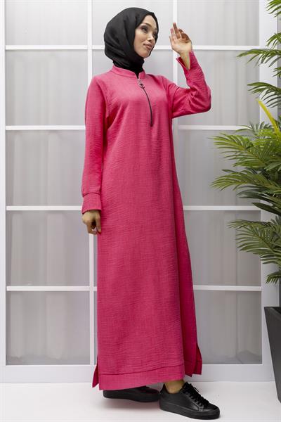 KETEN FERMUARLI GÜNLÜK ELBİSE Pembe OTW2086