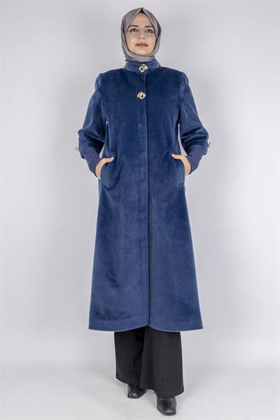 Kışlık Kadın Uzun Tay Tüyü Kaban Lacivert OTW36307