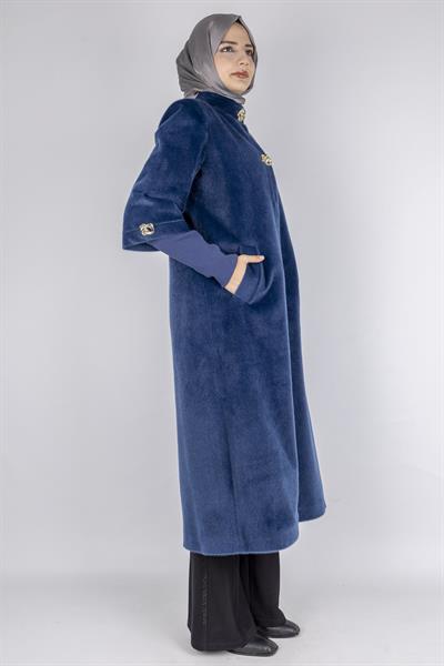 Kışlık Kadın Uzun Tay Tüyü Kaban Lacivert OTW36307