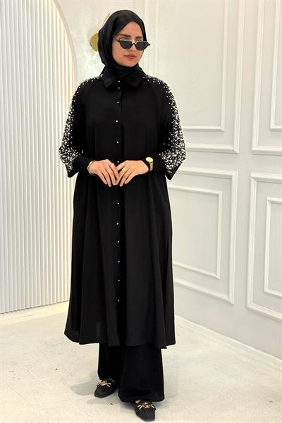 Kol İncili Büyük Beden Uzun Tesettür Gömlek Siyah OTW1947