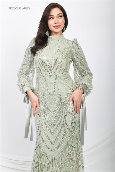 Kolları Bağlamalı Abiye Elbise Yeşil OTW6105
