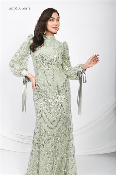 Kolları Bağlamalı Abiye Elbise Yeşil OTW6105