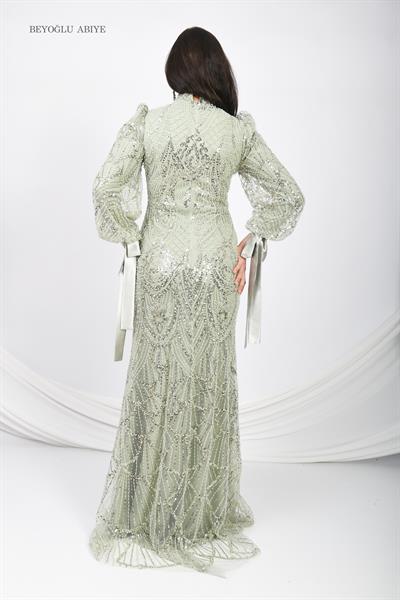 Kolları Bağlamalı Abiye Elbise Yeşil OTW6105