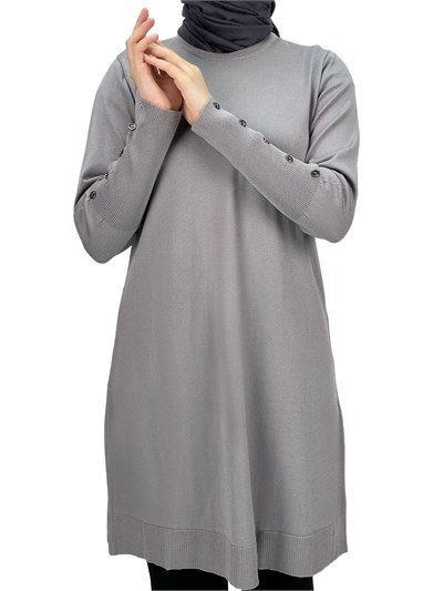 Kolları Düğmeli Merserize Triko Tunik Gri OTW2769,2