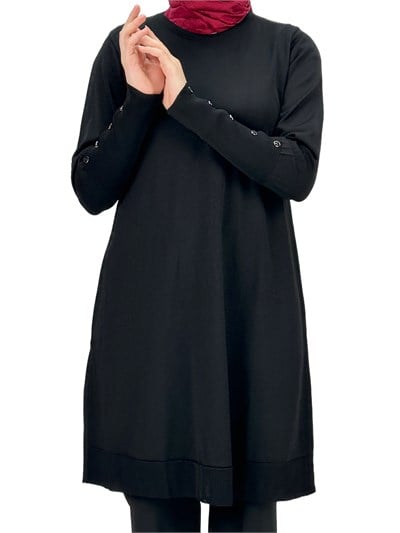 Kolları Düğmeli Merserize Triko Tunik Siyah OTW2769,2