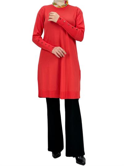 Kolları Düğmeli Merserize Triko Tunik Mercan OTW2769,2