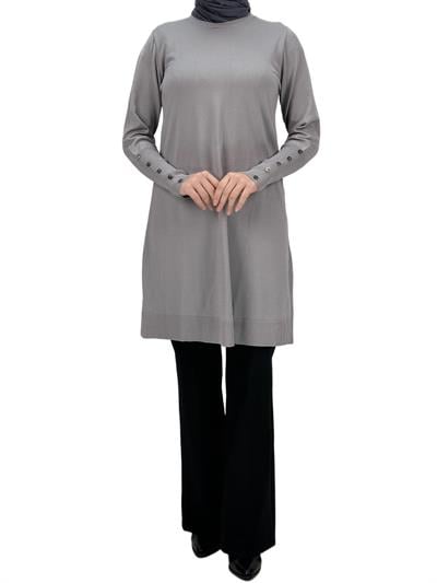 Kolları Düğmeli Merserize Triko Tunik Gri OTW2769,2