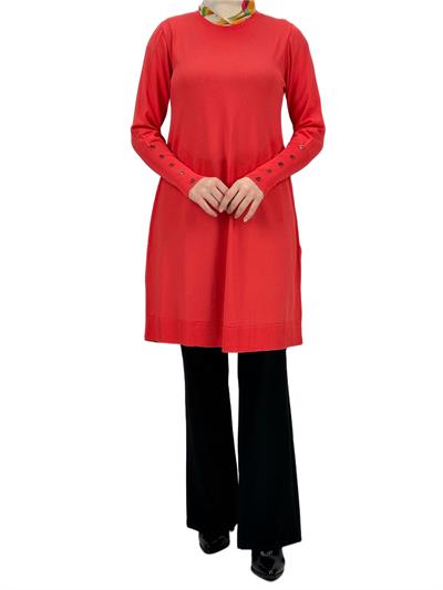 Kolları Düğmeli Merserize Triko Tunik Mercan OTW2769,2