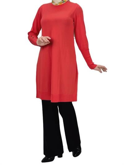 Kolları Düğmeli Merserize Triko Tunik Mercan OTW2769,2