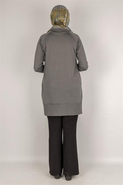 Kolları Düğmeli Ribanalı Merserize Tesettür Tunik Gri OTW1002