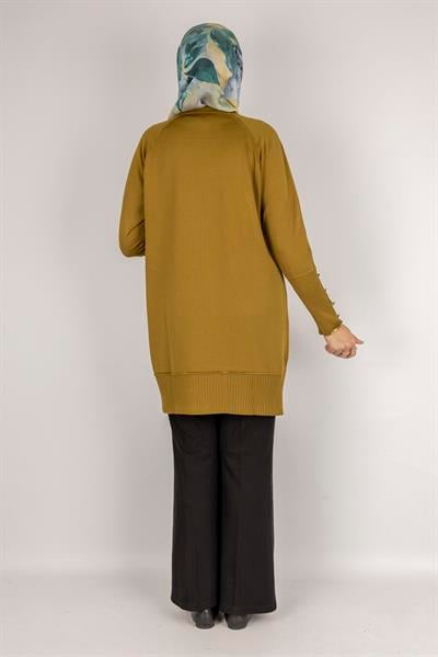 Kolları Düğmeli Ribanalı Merserize Tesettür Tunik Hardal OTW1002