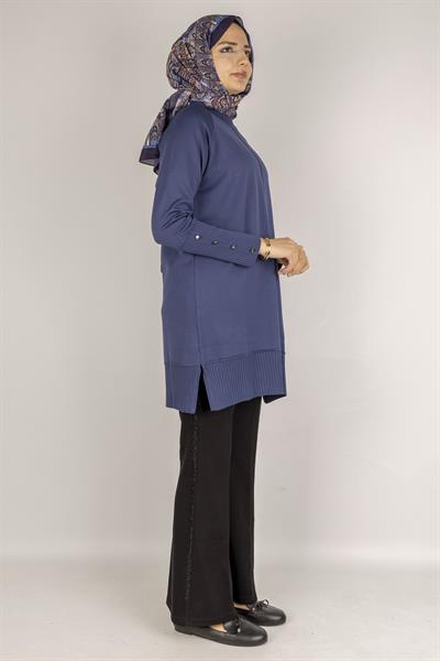 Kolları Düğmeli Ribanalı Merserize Tesettür Tunik İndigo OTW1002