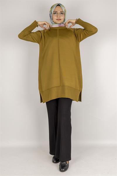 Kolları Düğmeli Ribanalı Merserize Tesettür Tunik Hardal OTW1002