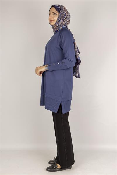 Kolları Düğmeli Ribanalı Merserize Tesettür Tunik İndigo OTW1002