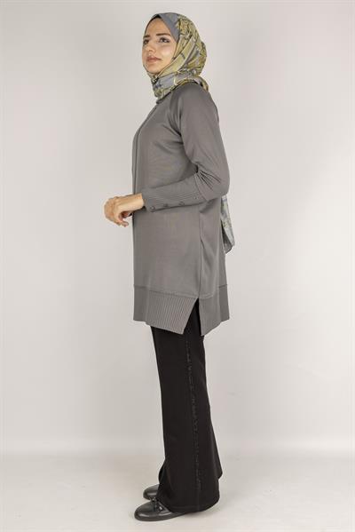 Kolları Düğmeli Ribanalı Merserize Tesettür Tunik Gri OTW1002