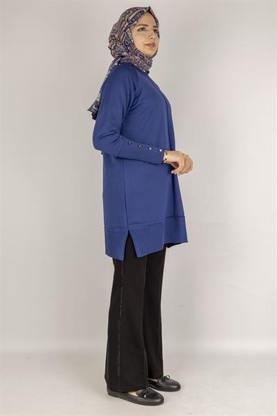 Kolları Düğmeli Ribanalı Merserize Tesettür Tunik Saks OTW1002
