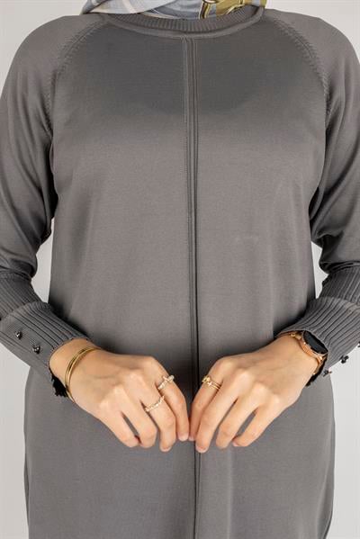 Kolları Düğmeli Ribanalı Merserize Tesettür Tunik Gri OTW1002