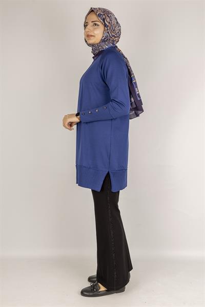 Kolları Düğmeli Ribanalı Merserize Tesettür Tunik Saks OTW1002