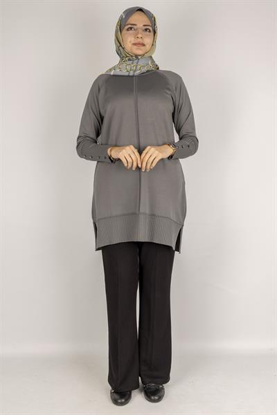 Kolları Düğmeli Ribanalı Merserize Tesettür Tunik Gri OTW1002