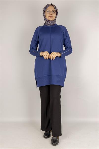 Kolları Düğmeli Ribanalı Merserize Tesettür Tunik Saks OTW1002