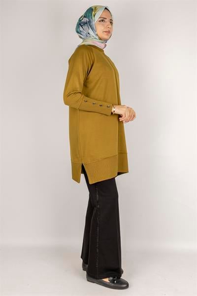 Kolları Düğmeli Ribanalı Merserize Tesettür Tunik Hardal OTW1002