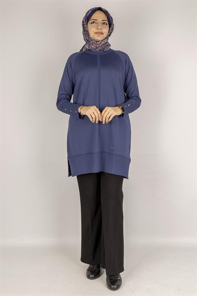 Kolları Düğmeli Ribanalı Merserize Tesettür Tunik İndigo OTW1002