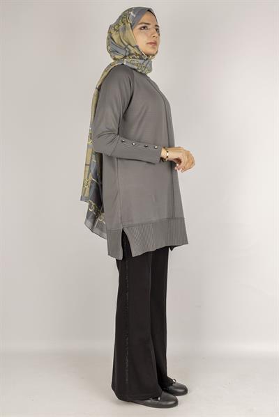 Kolları Düğmeli Ribanalı Merserize Tesettür Tunik Gri OTW1002
