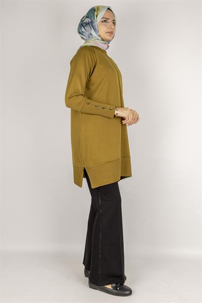 Kolları Düğmeli Ribanalı Merserize Tesettür Tunik Hardal OTW1002