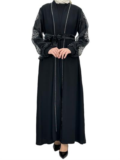 Kolları İncili Abaya Siyah OTW4275