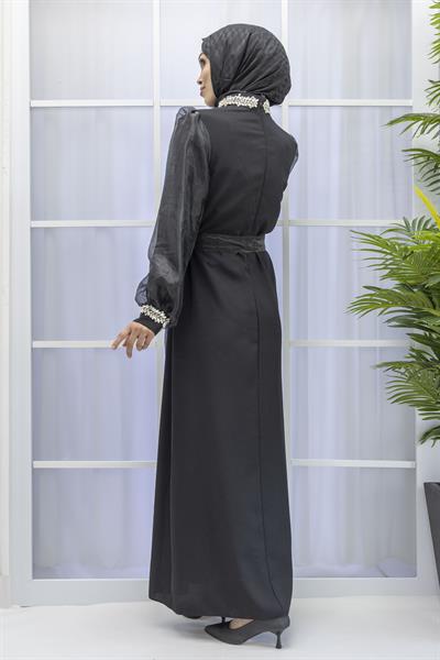 KOLLARI TÜL MANŞET VE BOYNU TAŞLI ABİYE ELBİSE Siyah OTW4576