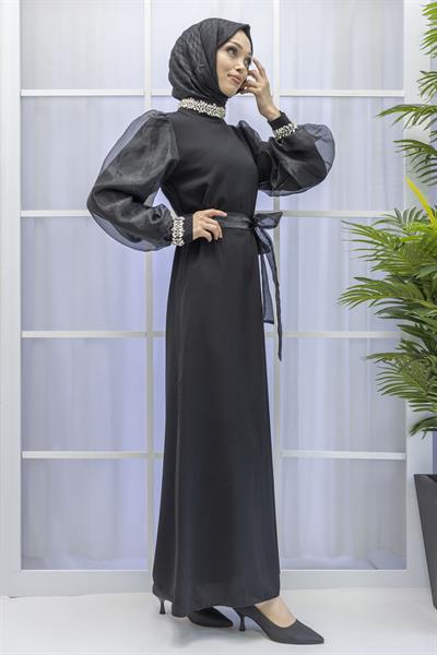 KOLLARI TÜL MANŞET VE BOYNU TAŞLI ABİYE ELBİSE Siyah OTW4576