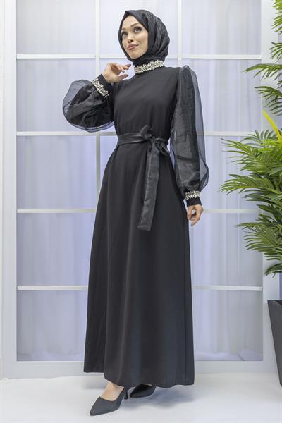 KOLLARI TÜL MANŞET VE BOYNU TAŞLI ABİYE ELBİSE Siyah OTW4576