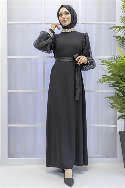 KOLLARI TÜL MANŞET VE BOYNU TAŞLI ABİYE ELBİSE Siyah OTW4576