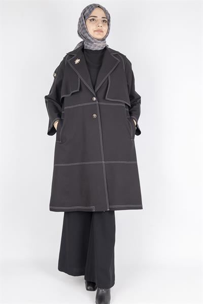 Kontrast Dikiş Detaylı Modern Tesettür Kap Siyah OTW4029