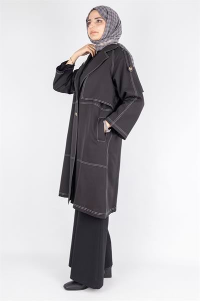 Kontrast Dikiş Detaylı Modern Tesettür Kap Siyah OTW4029