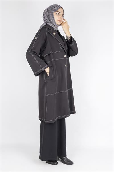 Kontrast Dikiş Detaylı Modern Tesettür Kap Siyah OTW4029