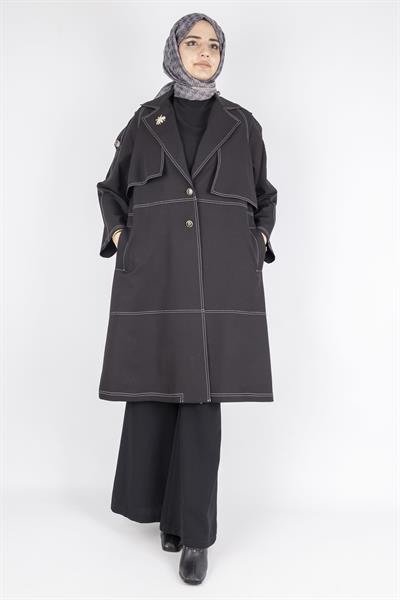 Kontrast Dikiş Detaylı Modern Tesettür Kap Siyah OTW4029