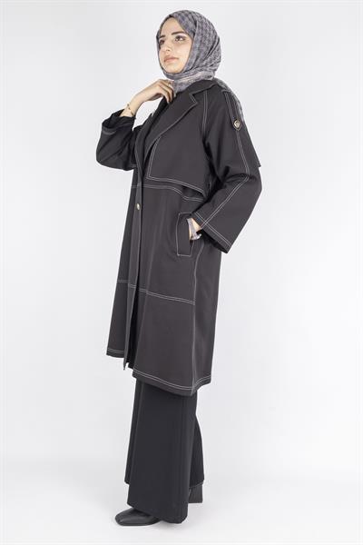 Kontrast Dikiş Detaylı Modern Tesettür Kap Siyah OTW4029